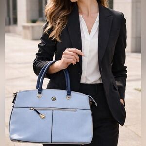 Anne Klein Dome Blue Two-Tone Leather Satchel Bag New